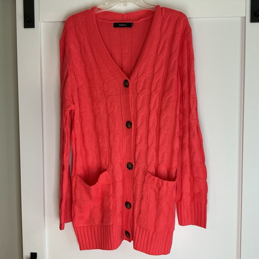 Zesica Button Front Cable Knit Cardigan Sweater Size XL Long Sleeve Coral Cozy